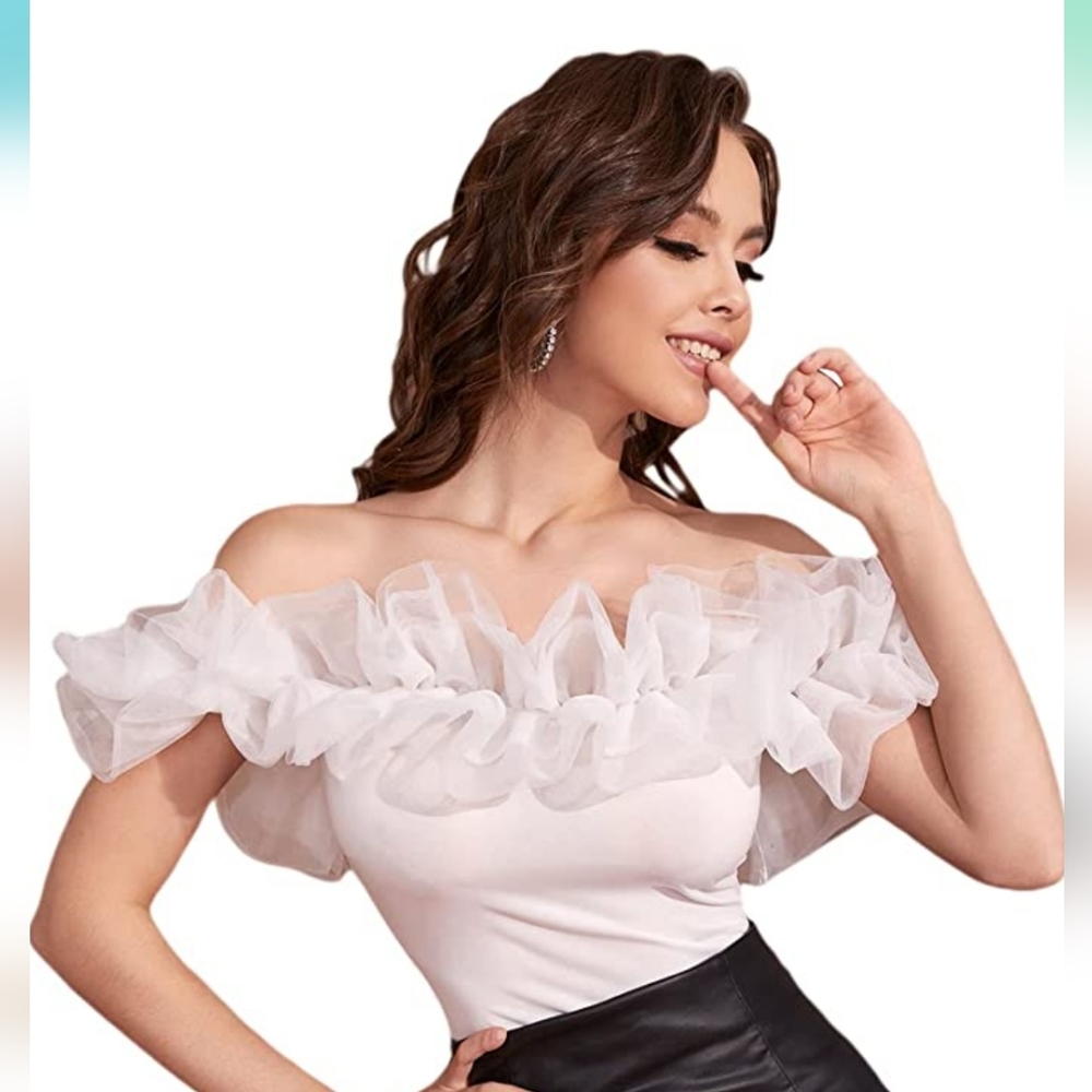 Romwe Women's Summer Short Sleeve Off Shoulder Mesh Ruffle Blouse Top